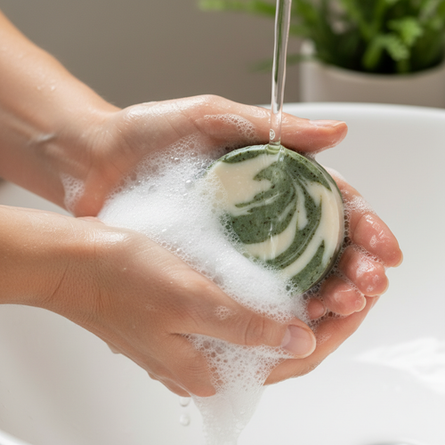 Person Lathering Round White and Green Soap